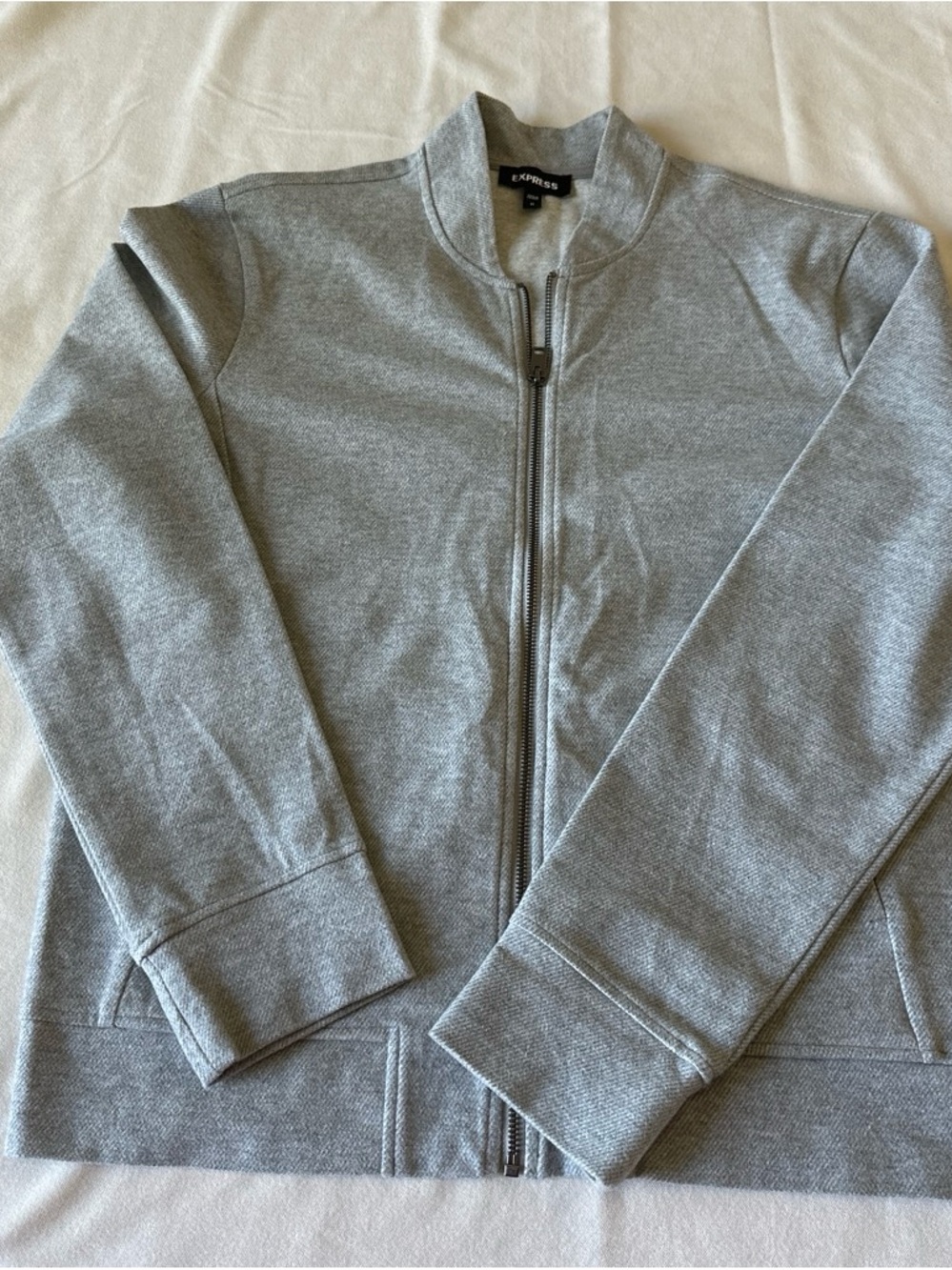 Express Mens Small Gray Herringbone Full Zip Bomber Jacket Textured Knit